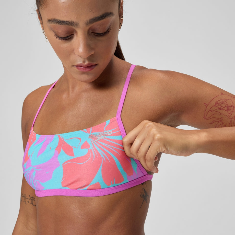 Speedo Club Training Printed Cross Back Bikini Top Pink/Green