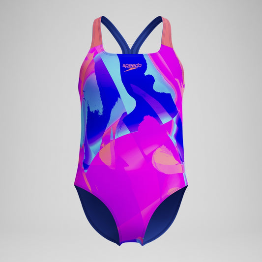 Speedo Girls' Digital Printed Powerback Swimsuit Pink/Blue