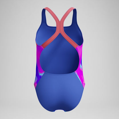 Speedo Girls' Digital Printed Powerback Swimsuit Pink/Blue