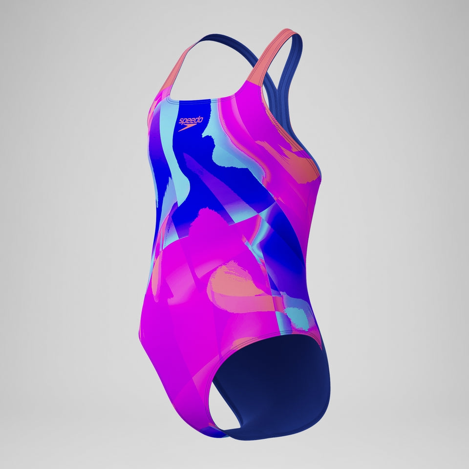 Speedo Girls' Digital Printed Powerback Swimsuit Pink/Blue