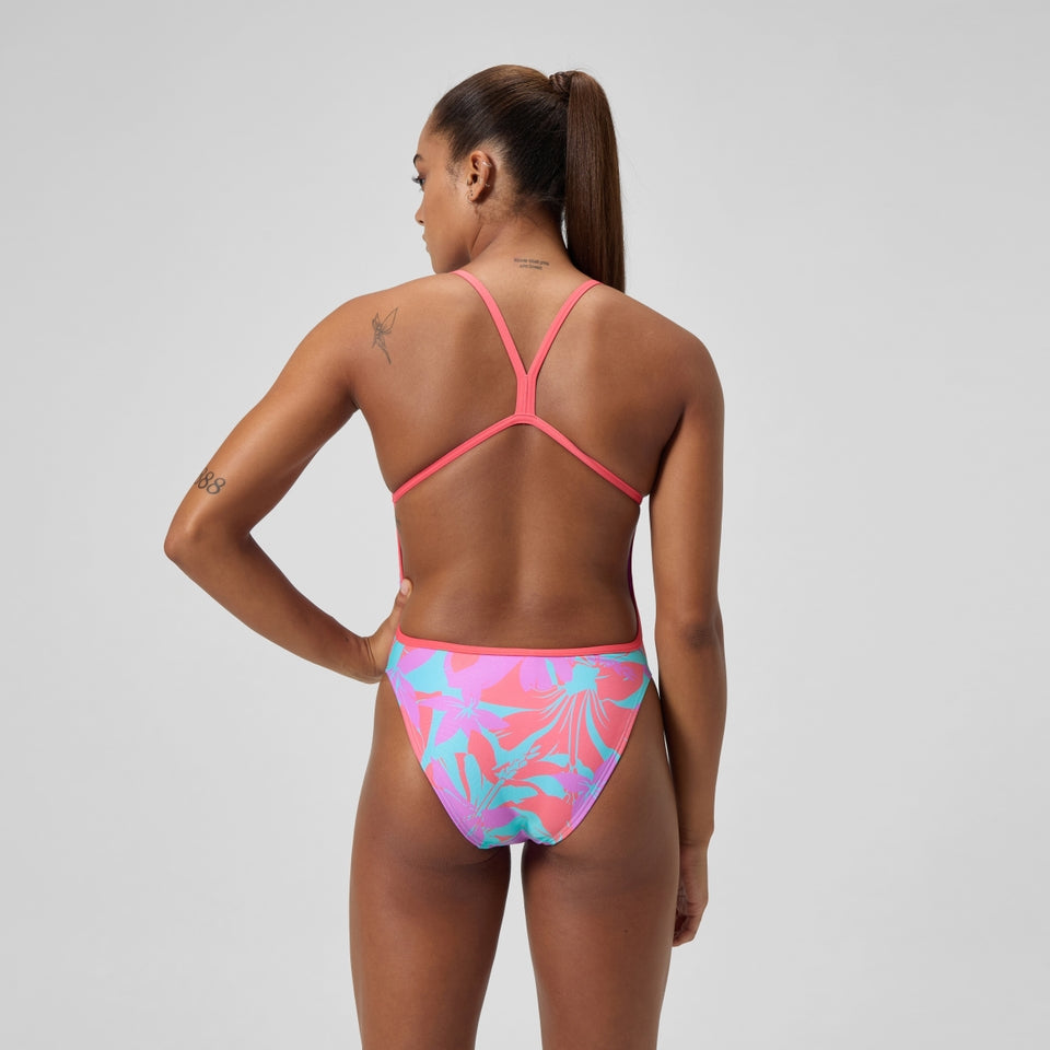Speedo Club Training Printed V Back Swimsuit Pink/Green