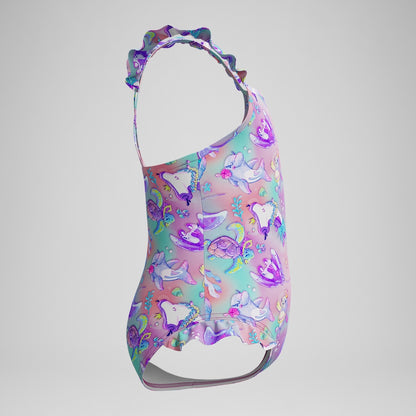 Speedo Girls' Digital Frill Thinstrap Swimsuit Pink/Purple