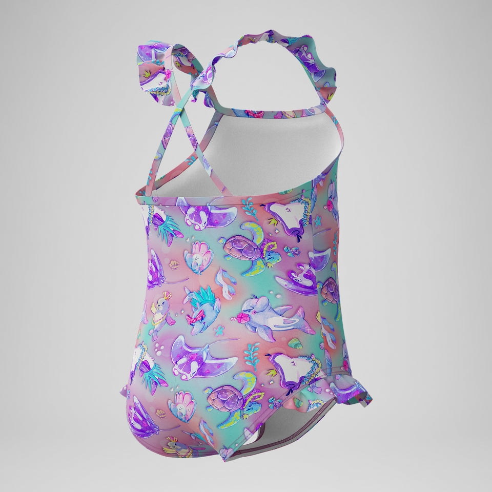Speedo Girls' Digital Frill Thinstrap Swimsuit Pink/Purple