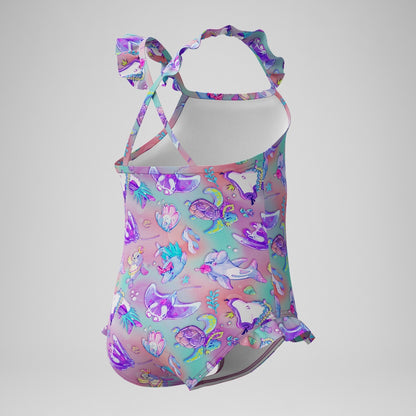 Speedo Girls' Digital Frill Thinstrap Swimsuit Pink/Purple