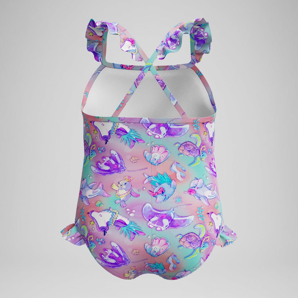 Speedo Girls' Digital Frill Thinstrap Swimsuit Pink/Purple