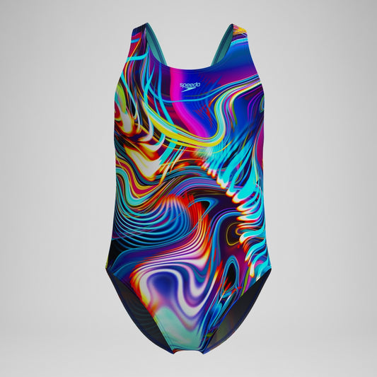 Speedo Girls' Digital Printed Powerback Swimsuit Blue/Purple