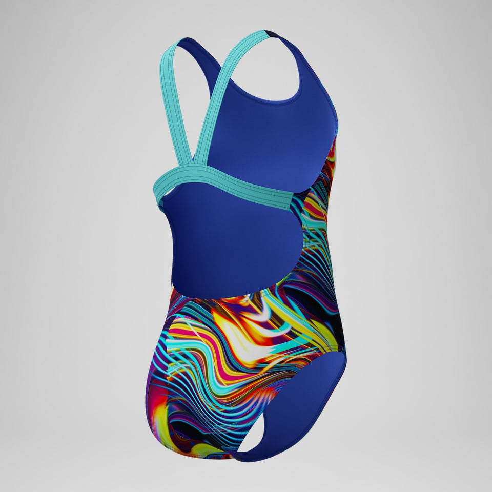 Speedo Girls' Digital Printed Powerback Swimsuit Blue/Purple