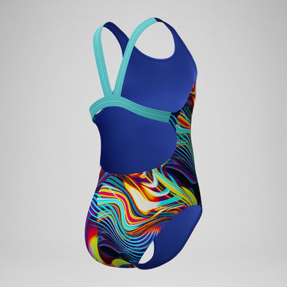 Speedo Girls' Digital Printed Powerback Swimsuit Blue/Purple