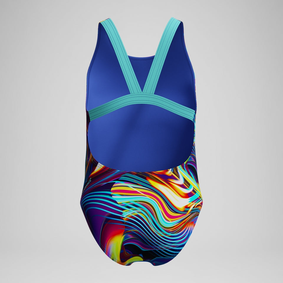 Speedo Girls' Digital Printed Powerback Swimsuit Blue/Purple