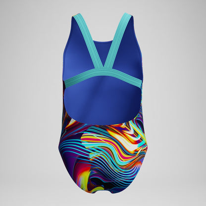 Speedo Girls' Digital Printed Powerback Swimsuit Blue/Purple