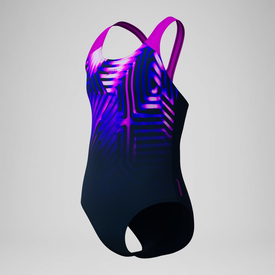 Speedo Girls' Digital Placement Splashback Swimsuit Navy/Pink