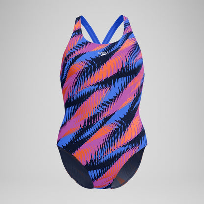 Speedo Club Training Printed Powerback Swimsuit Blue/Pink