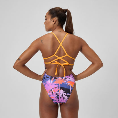 Speedo Club Training Printed Lattice Tie Back Swimsuit Navy/Orange