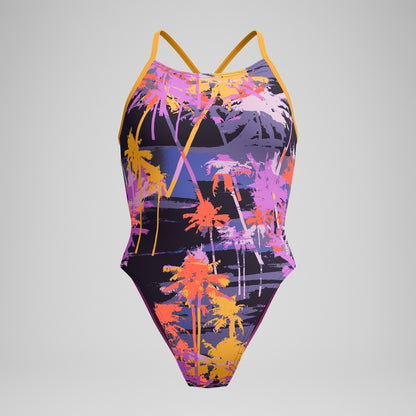 Speedo Club Training Printed Lattice Tie Back Swimsuit Navy/Orange