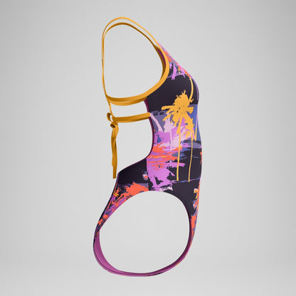 Speedo Club Training Printed Lattice Tie Back Swimsuit Navy/Orange