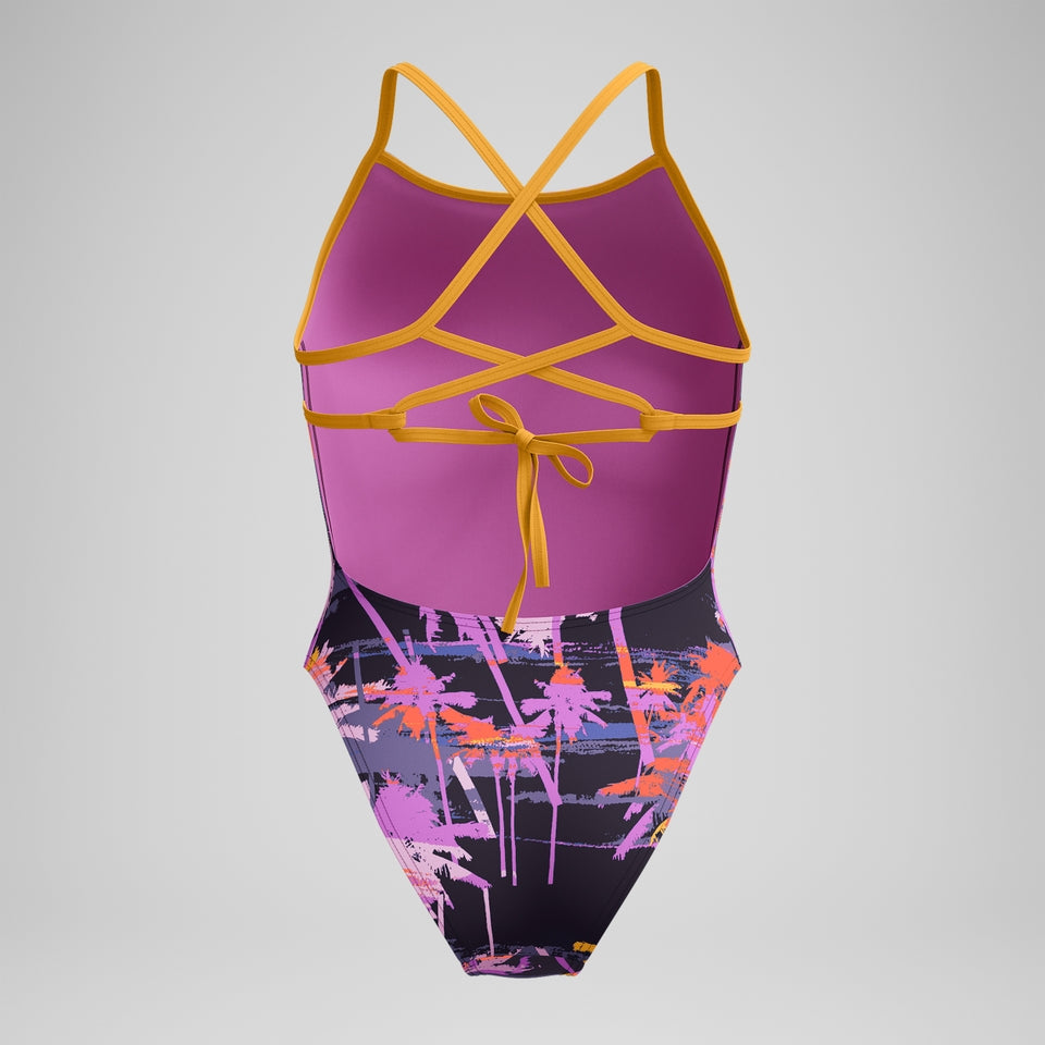 Speedo Club Training Printed Lattice Tie Back Swimsuit Navy/Orange