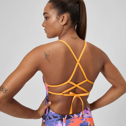 Speedo Club Training Printed Lattice Tie Back Swimsuit Navy/Orange