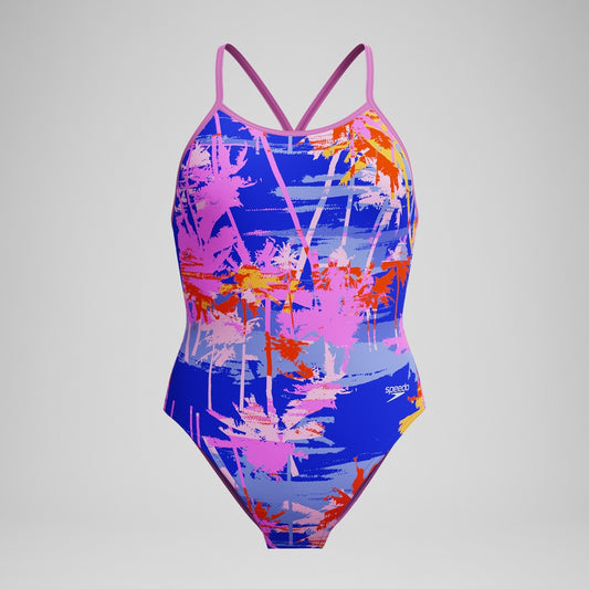 Speedo Girls' Club Training Printed V Back Swimsuit Blue/Pink