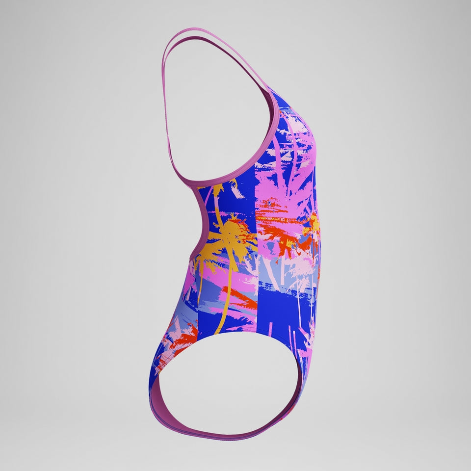 Speedo Girls' Club Training Printed V Back Swimsuit Blue/Pink