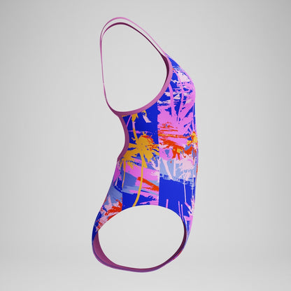Speedo Girls' Club Training Printed V Back Swimsuit Blue/Pink