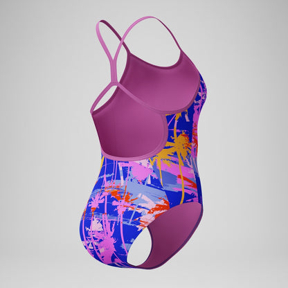 Speedo Girls' Club Training Printed V Back Swimsuit Blue/Pink