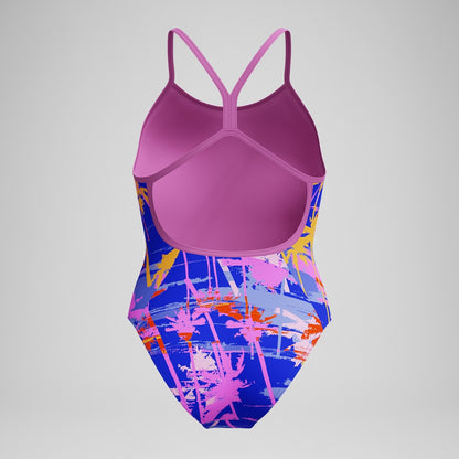 Speedo Girls' Club Training Printed V Back Swimsuit Blue/Pink