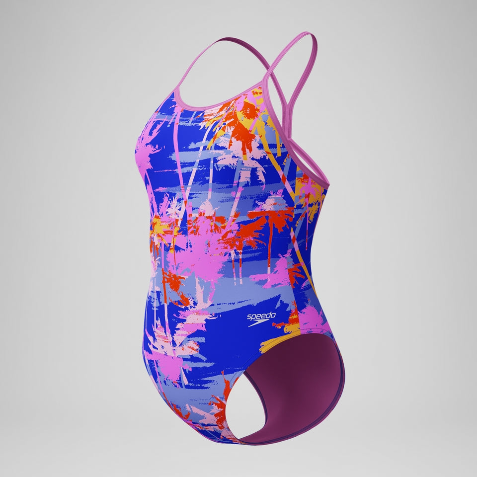 Speedo Girls' Club Training Printed V Back Swimsuit Blue/Pink