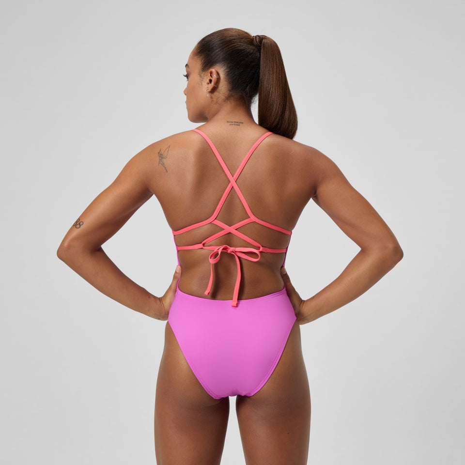 Speedo Club Training Solid Lattice Tie Back Swimsuit Pink/Coral