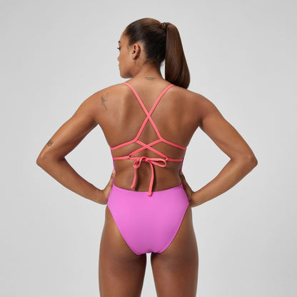 Speedo Club Training Solid Lattice Tie Back Swimsuit Pink/Coral