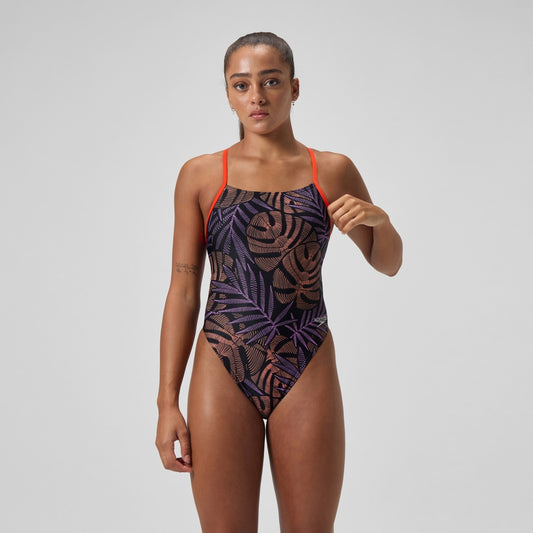 Speedo Club Training Printed Tie Back Swimsuit Black/Red