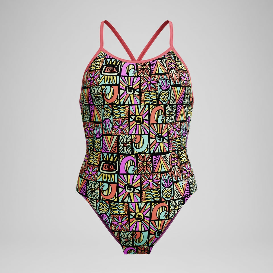 Speedo Girls' Club Training Printed V Back Swimsuit Black/Coral