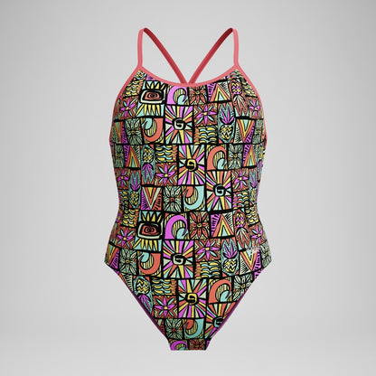 Speedo Girls' Club Training Printed V Back Swimsuit Black/Coral