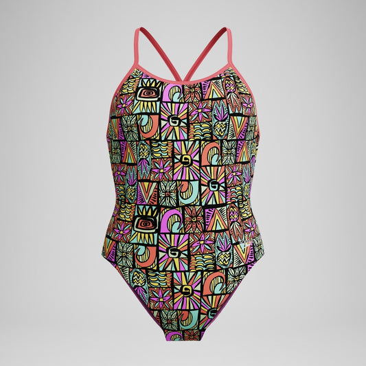 Speedo Girls' Club Training Printed V Back Swimsuit Black/Coral
