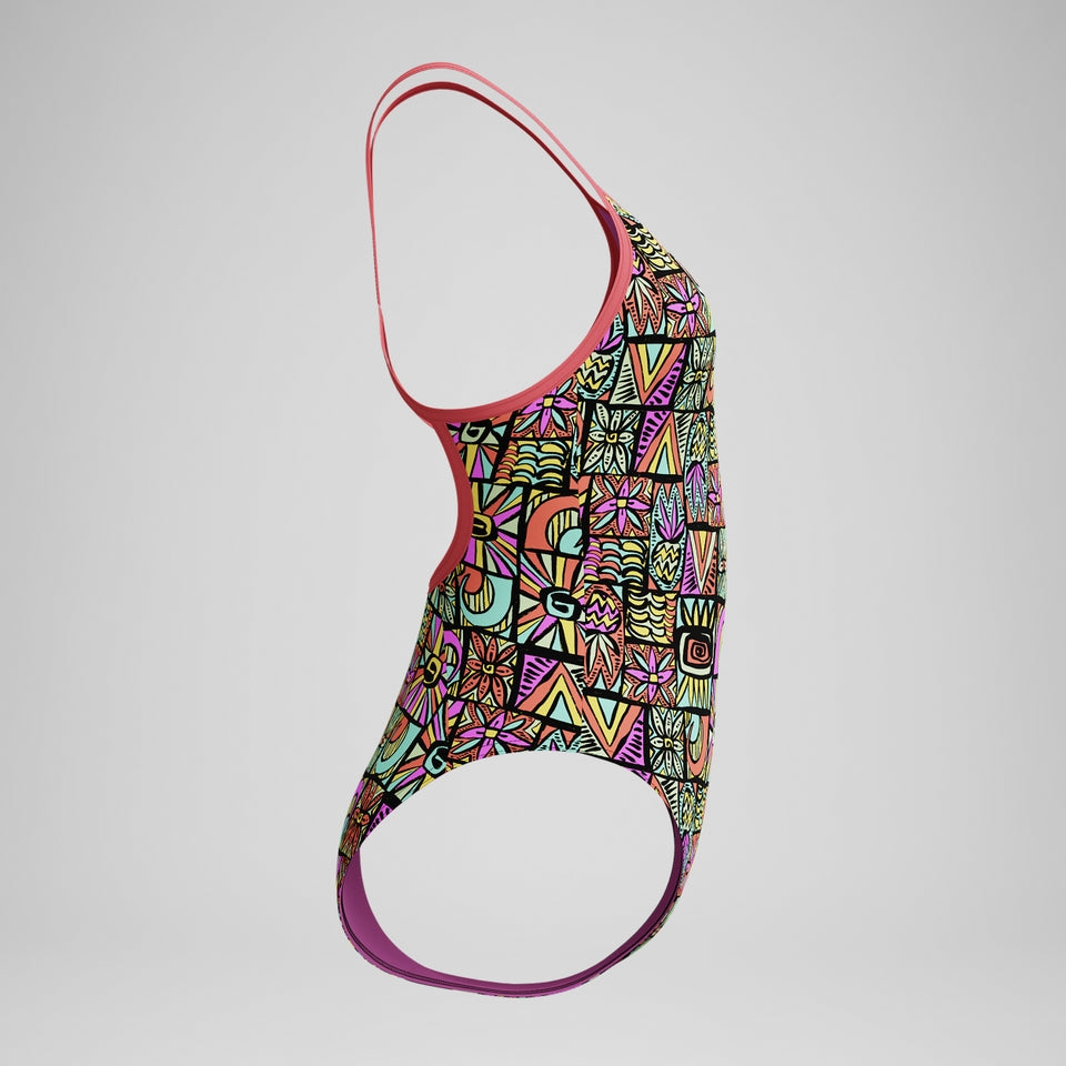 Speedo Girls' Club Training Printed V Back Swimsuit Black/Coral