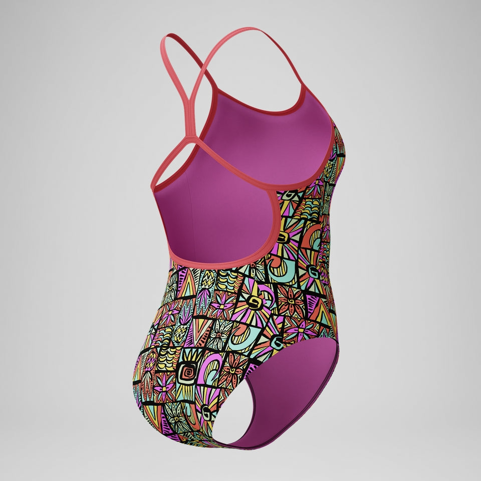 Speedo Girls' Club Training Printed V Back Swimsuit Black/Coral
