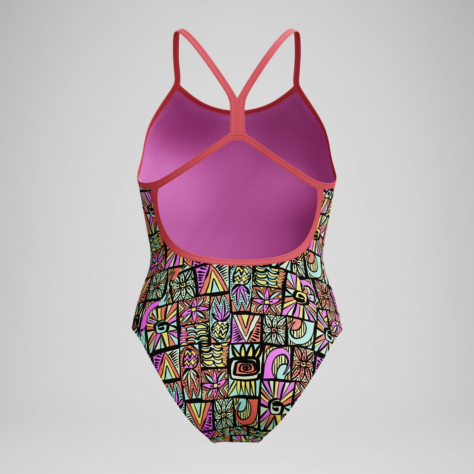 Speedo Girls' Club Training Printed V Back Swimsuit Black/Coral