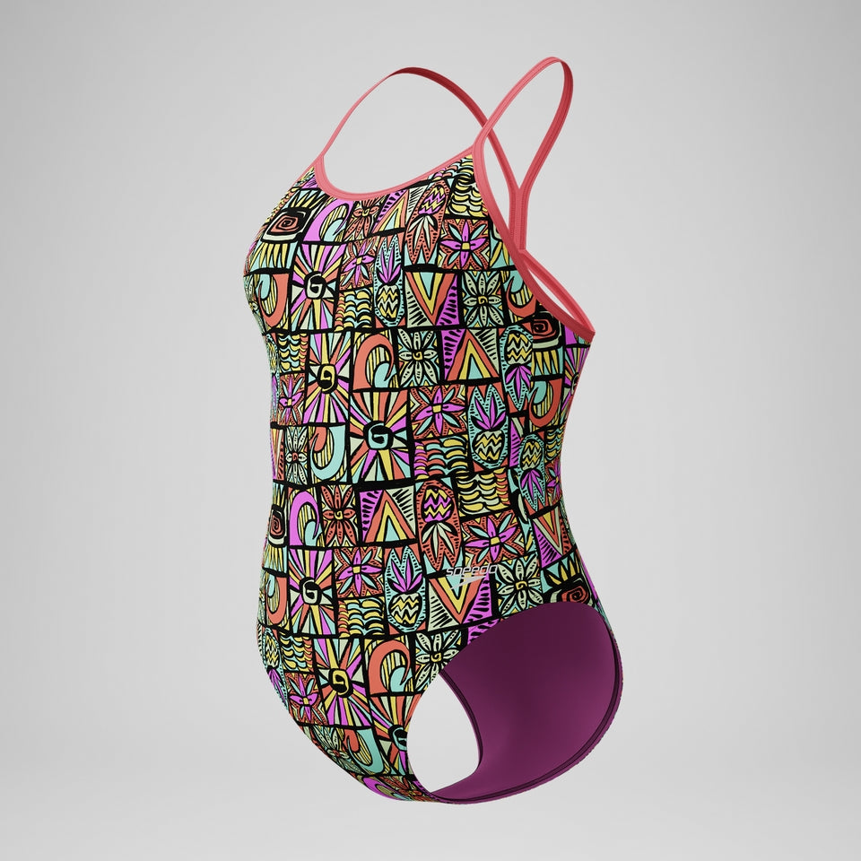 Speedo Girls' Club Training Printed V Back Swimsuit Black/Coral