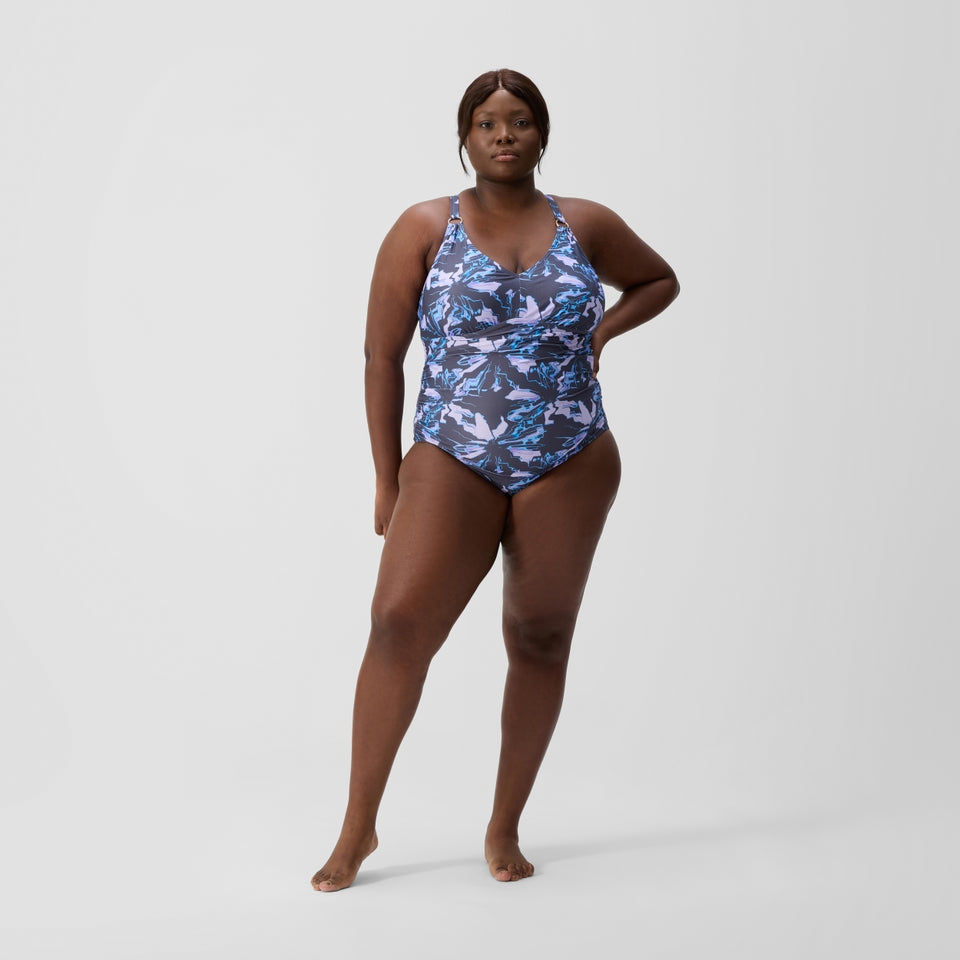 Speedo Plus Size Shaping V Neck Swimsuit Grey/Blue