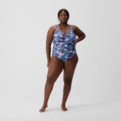 Speedo Plus Size Shaping V Neck Swimsuit Grey/Blue