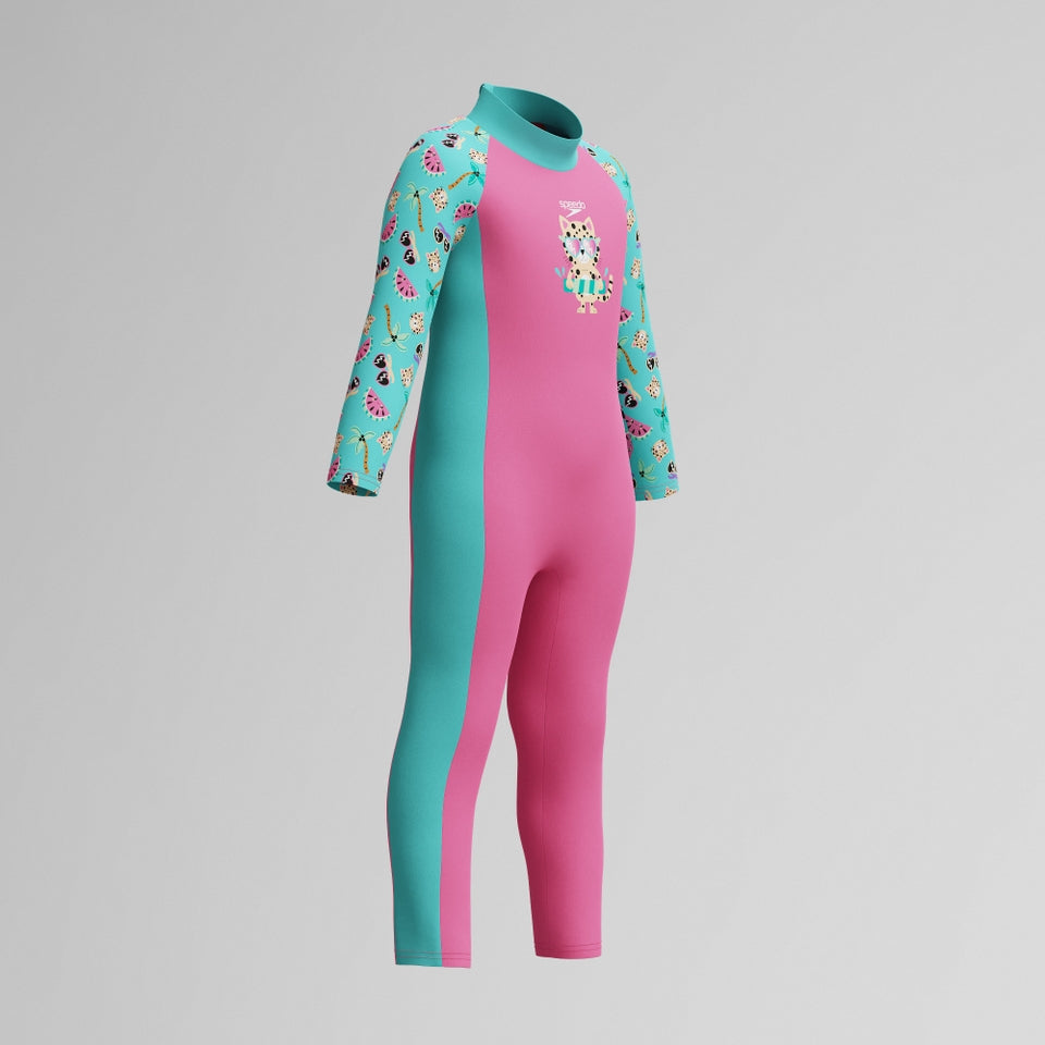 Speedo Infant Girls Learn to Swim Sun Protection All-In-One Suit Pink/Green