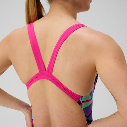 Speedo Club Training Printed Leaderback Swimsuit Black/Pink