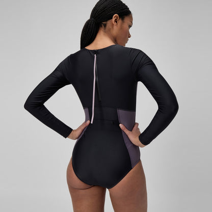 Speedo Long Sleeve Zip Back Swimsuit Black/Dark Grey