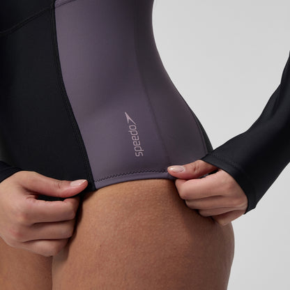 Speedo Long Sleeve Zip Back Swimsuit Black/Dark Grey