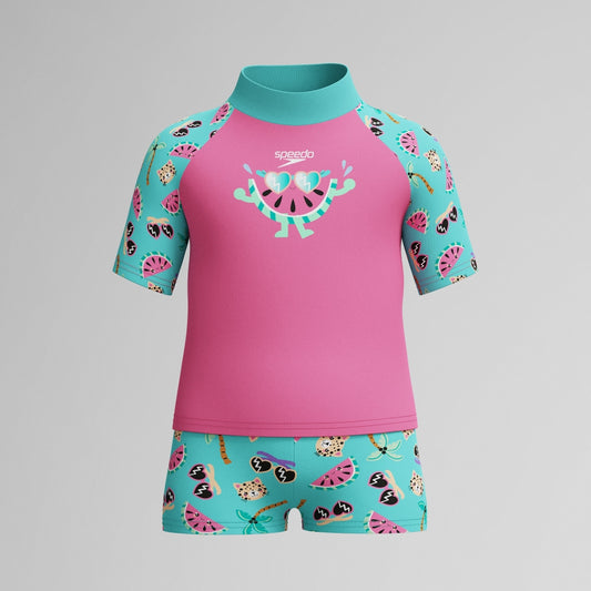 Speedo Infant Girls Learn to Swim Short Sleeve Rashguard Set Pink/Green