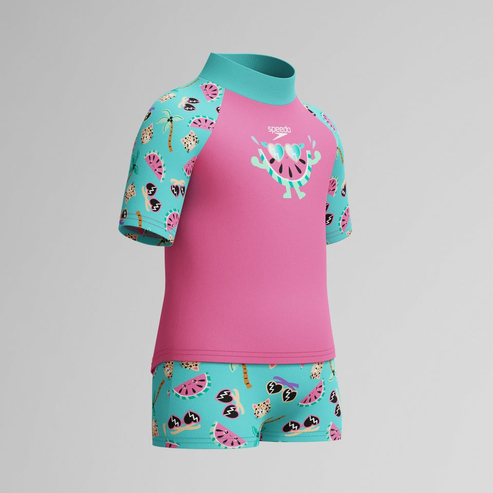 Speedo Infant Girls Learn to Swim Short Sleeve Rashguard Set Pink/Green