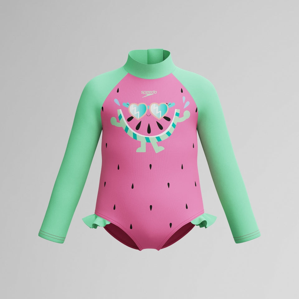Speedo Infant Girls Learn to Swim Long Sleeve Frill Swimsuit Pink/Green