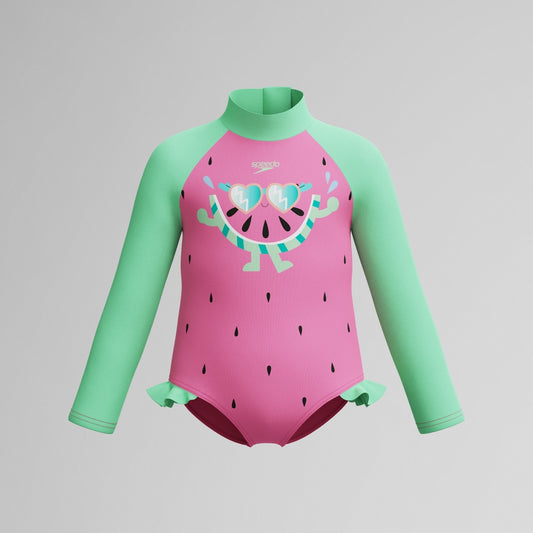 Speedo Infant Girls Learn to Swim Long Sleeve Frill Swimsuit Pink/Green