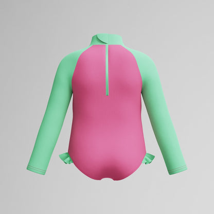 Speedo Infant Girls Learn to Swim Long Sleeve Frill Swimsuit Pink/Green