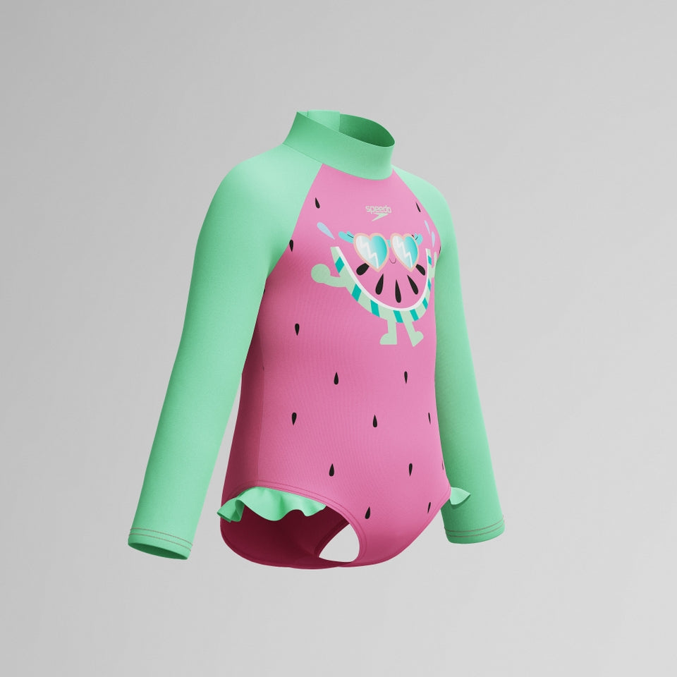 Speedo Infant Girls Learn to Swim Long Sleeve Frill Swimsuit Pink/Green