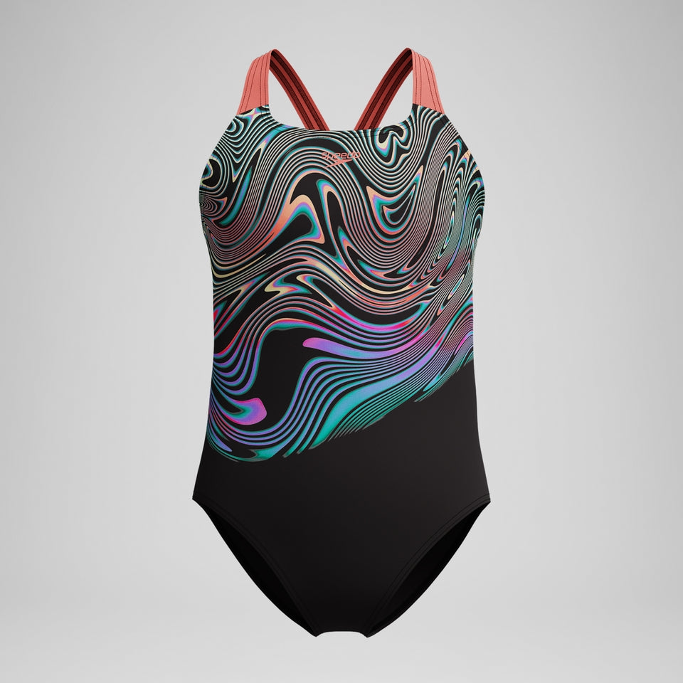Speedo Girls Placement Powerback Swimsuit Black/Orange